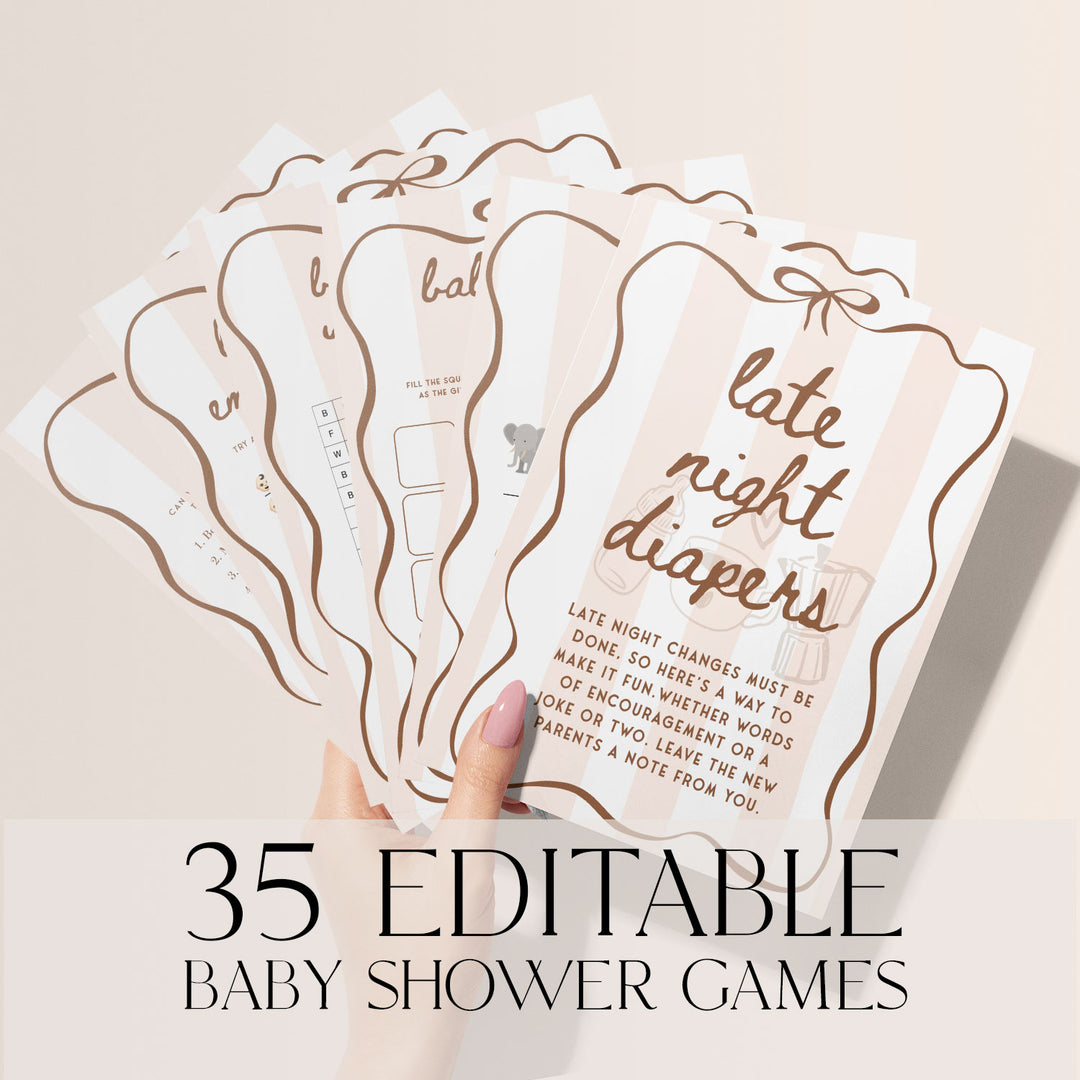 Set of 35 printable baby shower games in blush pink and brown tones, held fan-style in a hand, perfect for fun and interactive baby shower entertainment.