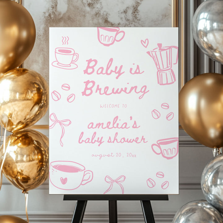 Pink Doodle A Baby Is Brewing Baby Shower Welcome Sign
