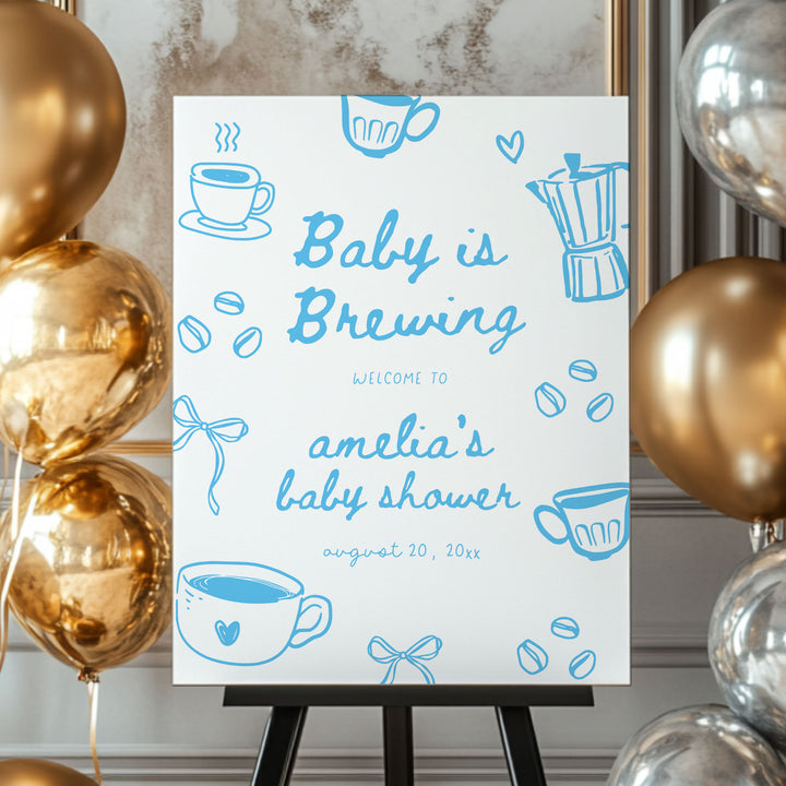 Blue Doodle A Baby Is Brewing Baby Shower Welcome Sign