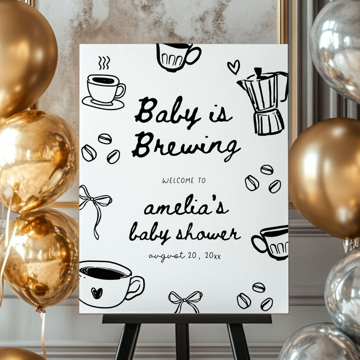 Black Doodle A Baby Is Brewing Baby Shower Welcome Sign