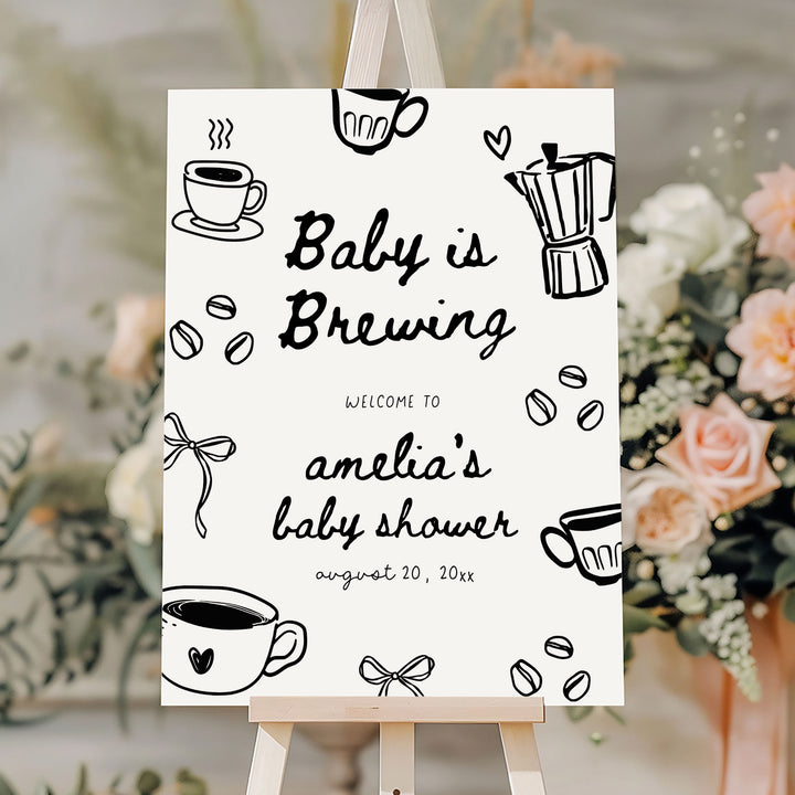 Black Doodle A Baby Is Brewing Baby Shower Welcome Sign