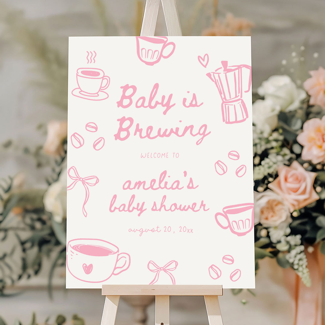 Pink Doodle A Baby Is Brewing Baby Shower Welcome Sign