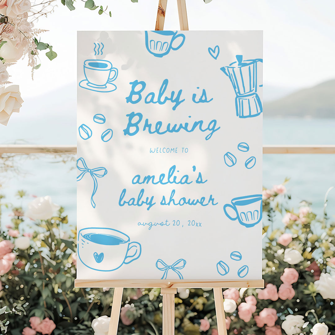 Blue Doodle A Baby Is Brewing Baby Shower Welcome Sign