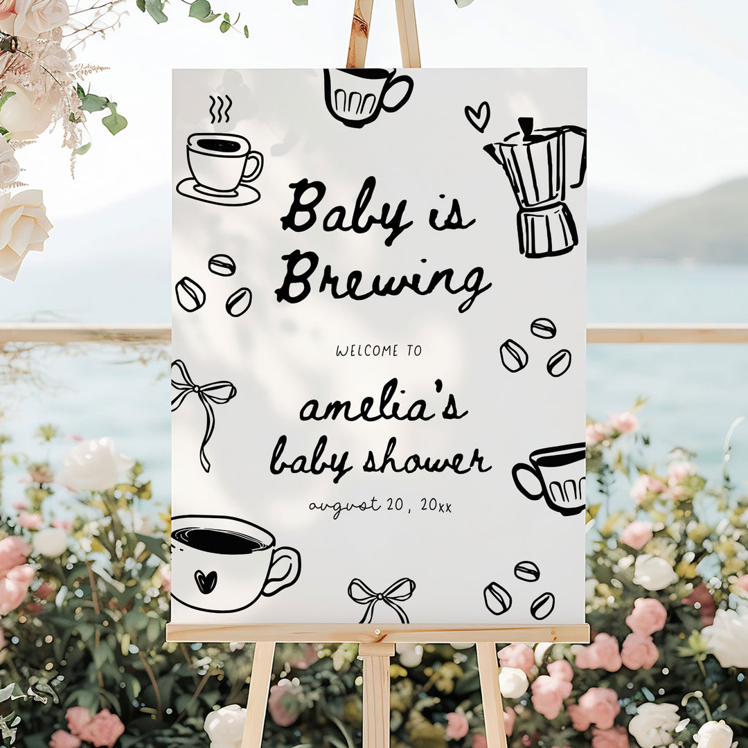 Black Doodle A Baby Is Brewing Baby Shower Welcome Sign