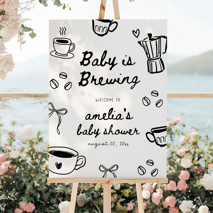 Black Doodle A Baby Is Brewing Baby Shower Welcome Sign