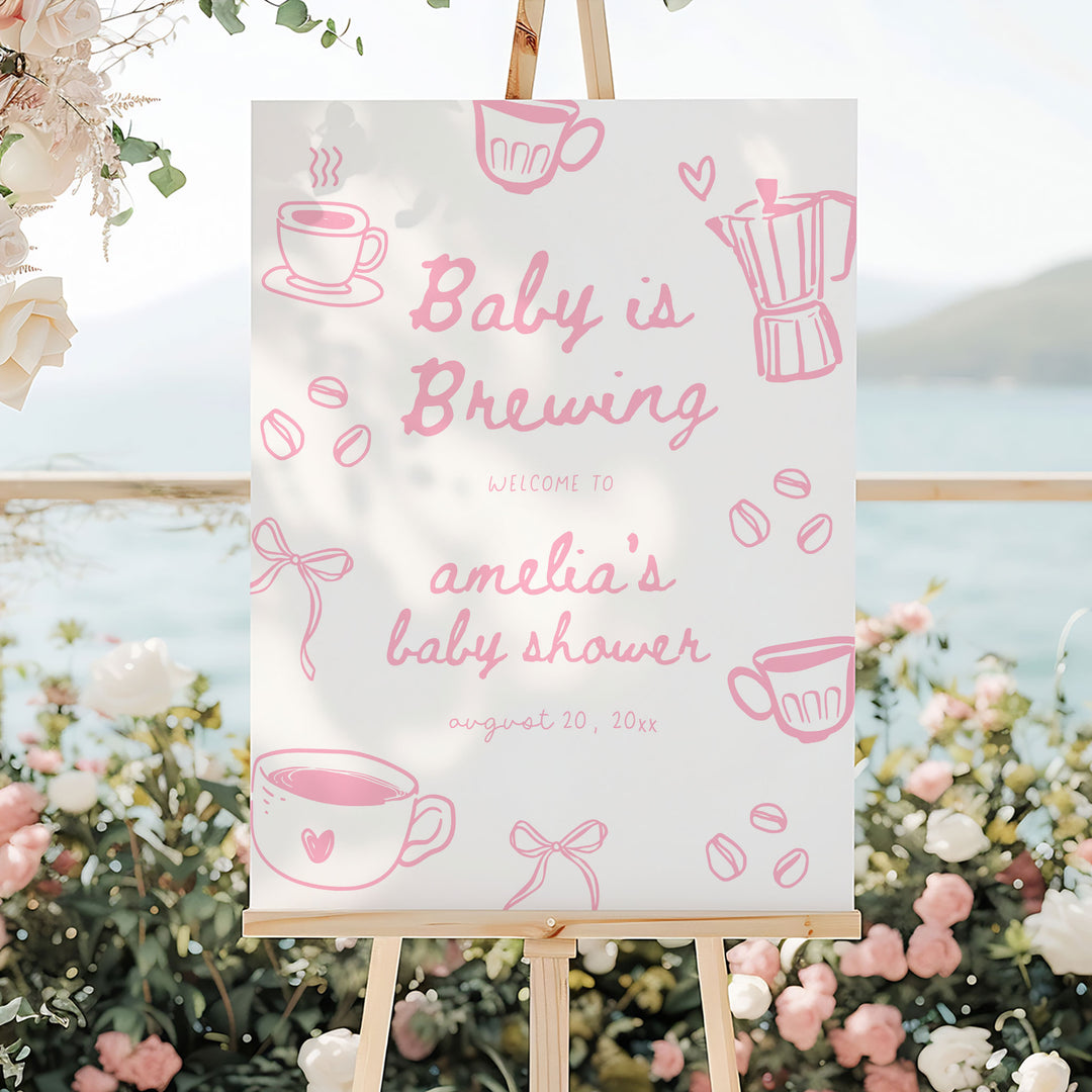 Pink Doodle A Baby Is Brewing Baby Shower Welcome Sign