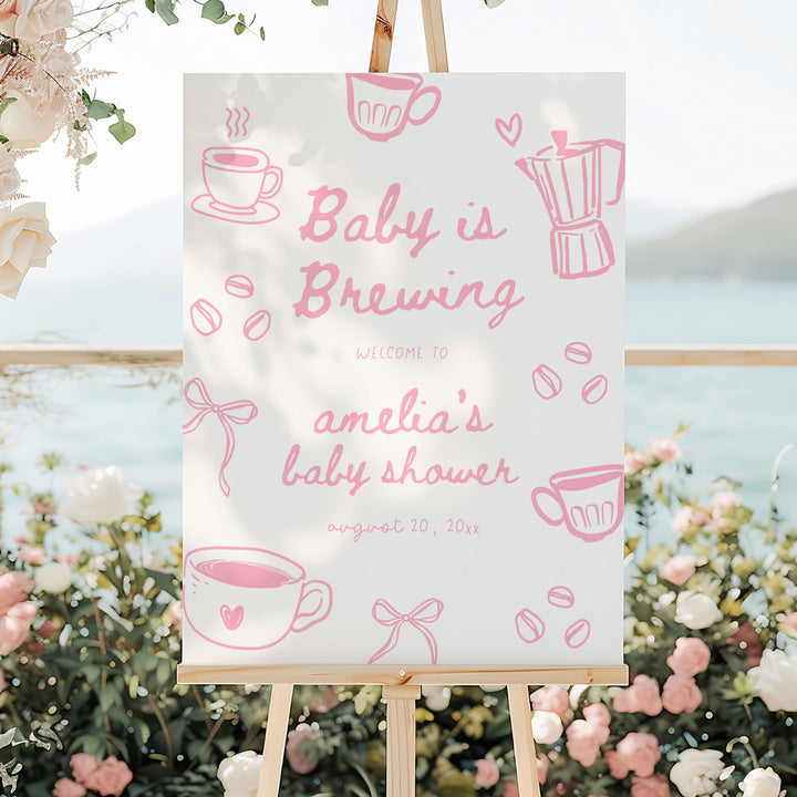 Pink Doodle A Baby Is Brewing Baby Shower Welcome Sign