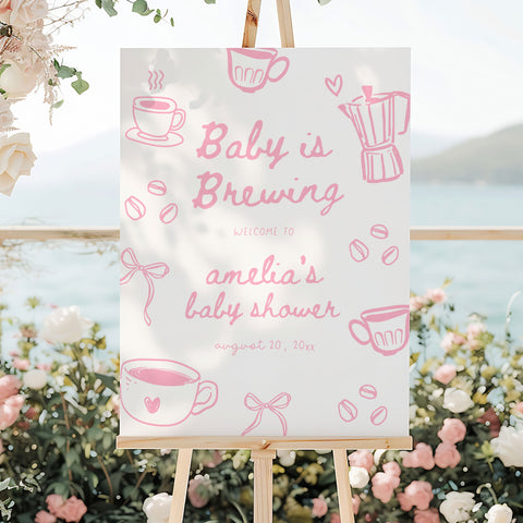 Pink Doodle A Baby Is Brewing Baby Shower Welcome Sign