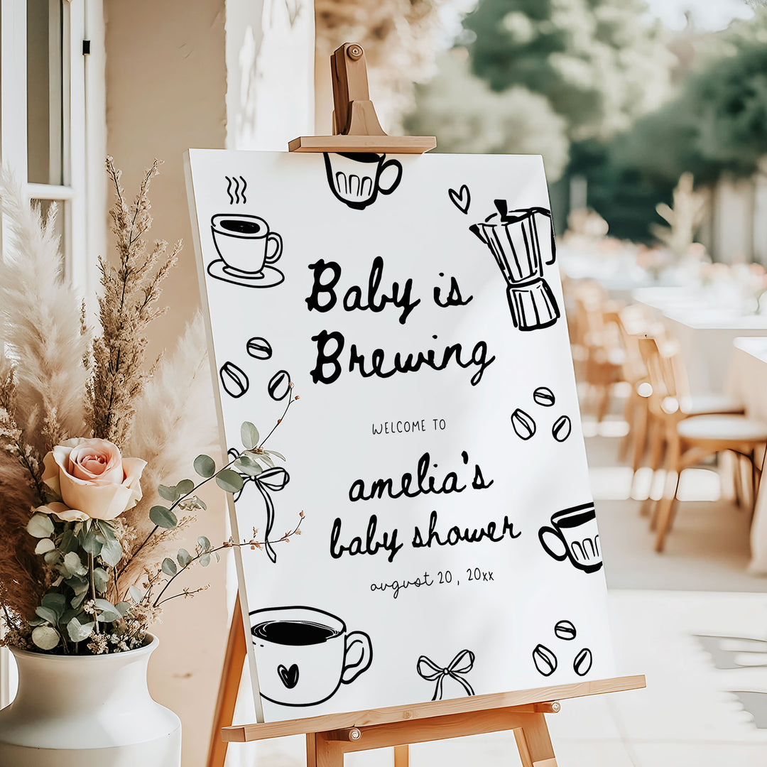 Black Doodle A Baby Is Brewing Baby Shower Welcome Sign