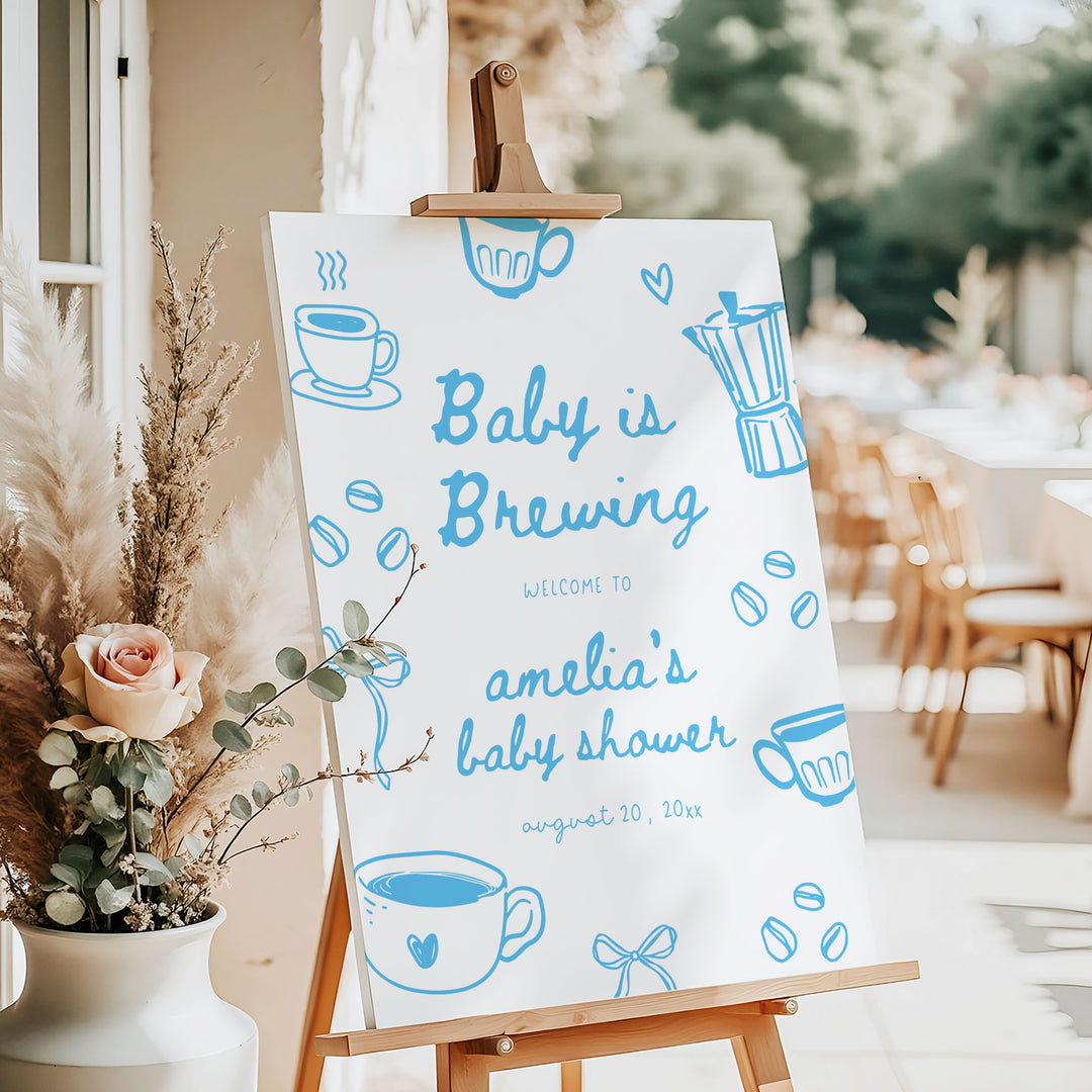 Blue Doodle A Baby Is Brewing Baby Shower Welcome Sign