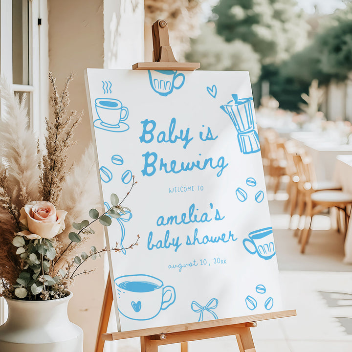 Blue Doodle A Baby Is Brewing Baby Shower Welcome Sign