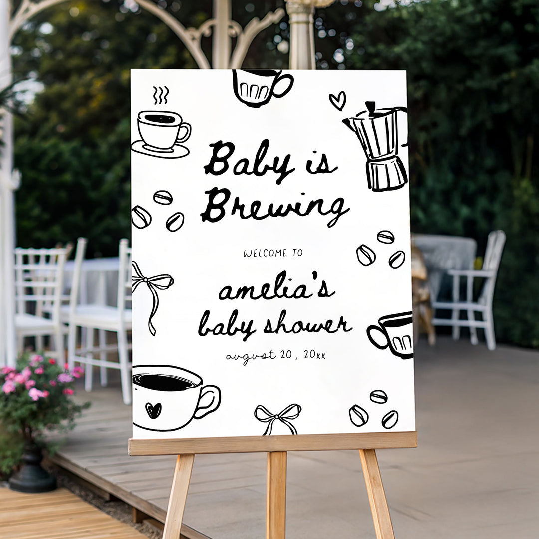 Black Doodle A Baby Is Brewing Baby Shower Welcome Sign