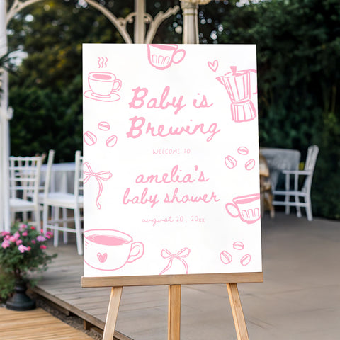 Pink Doodle A Baby Is Brewing Baby Shower Welcome Sign