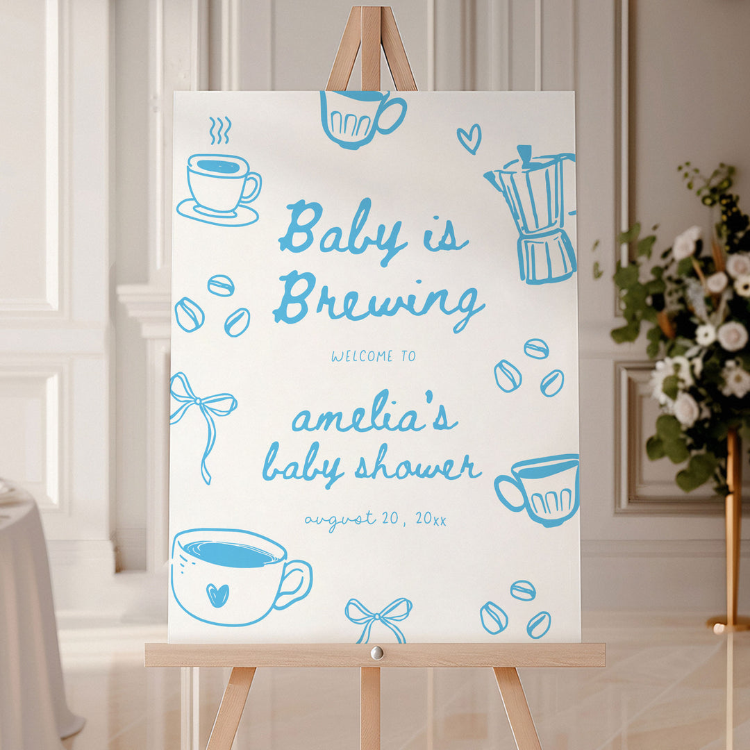 Blue Doodle A Baby Is Brewing Baby Shower Welcome Sign
