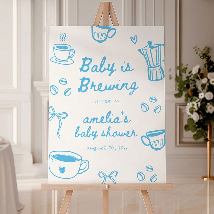 Blue Doodle A Baby Is Brewing Baby Shower Welcome Sign