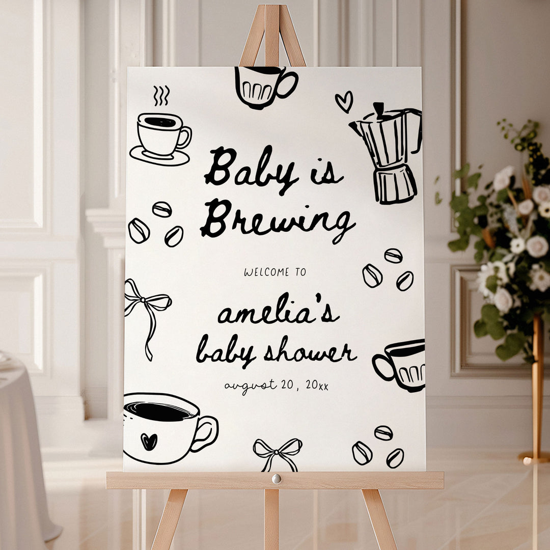 Black Doodle A Baby Is Brewing Baby Shower Welcome Sign