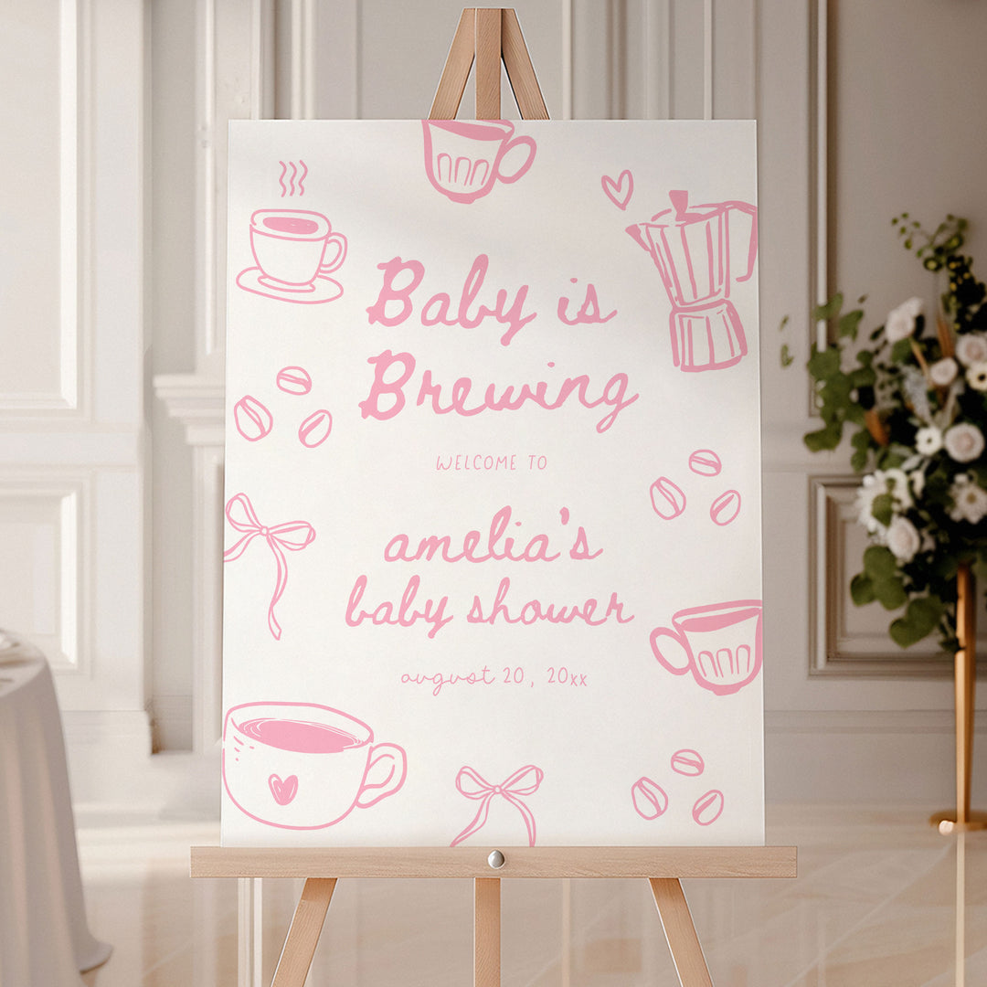 Pink Doodle A Baby Is Brewing Baby Shower Welcome Sign