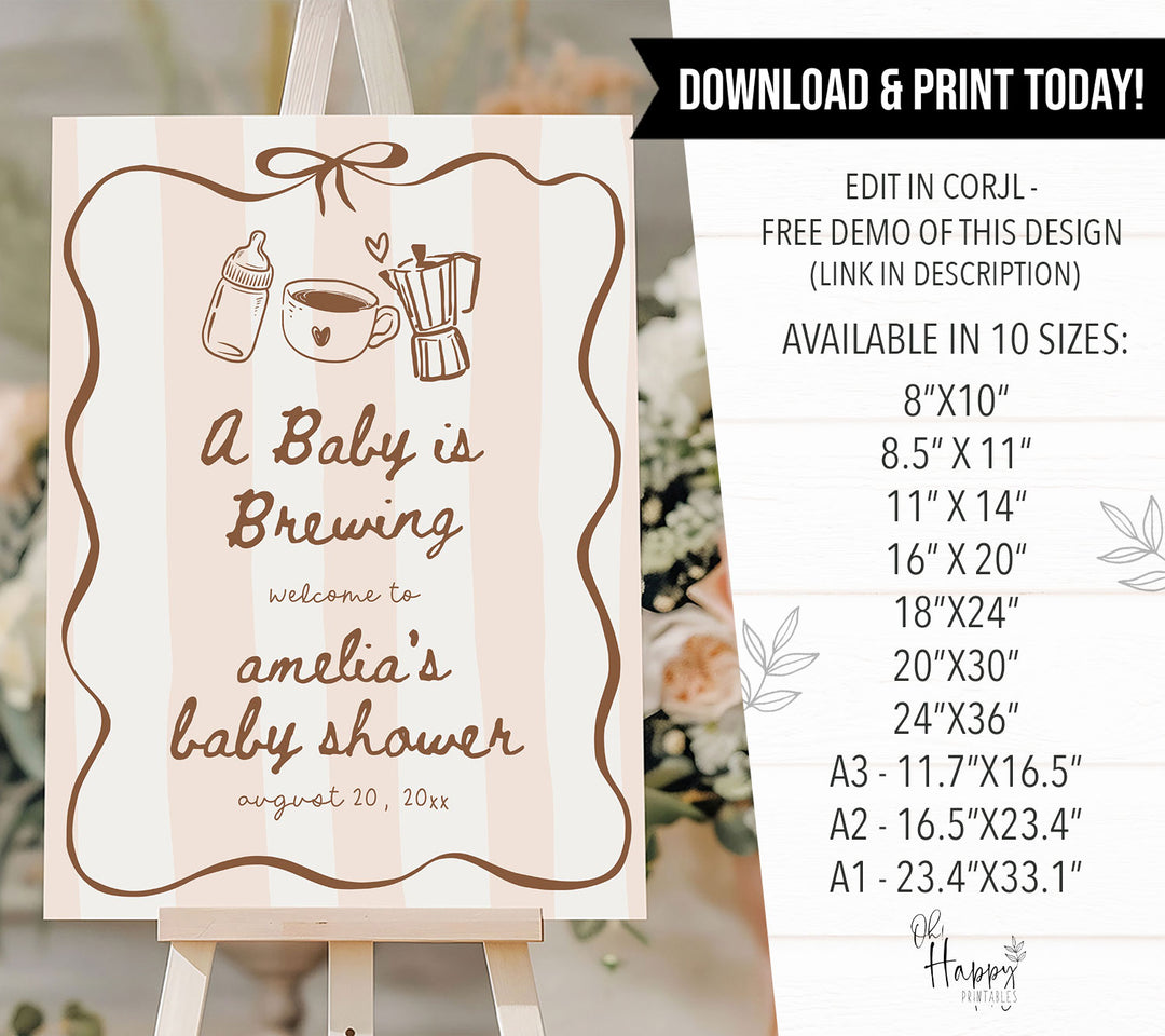Striped Baby Is Brewing Baby Shower Welcome Sign