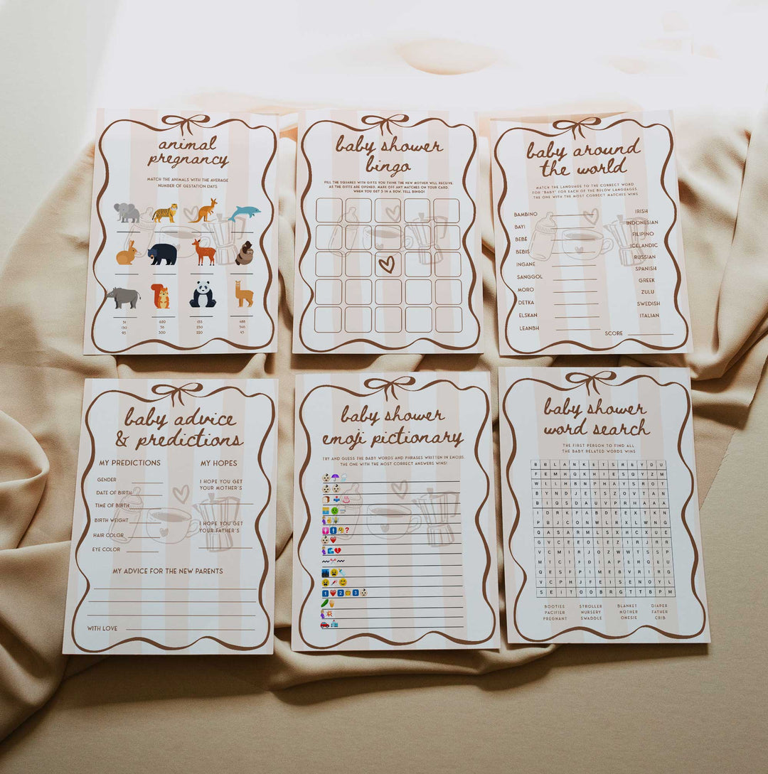 Editable baby shower game bundle featuring modern neutral design, ideal for girl or gender-neutral baby showers and party planners.