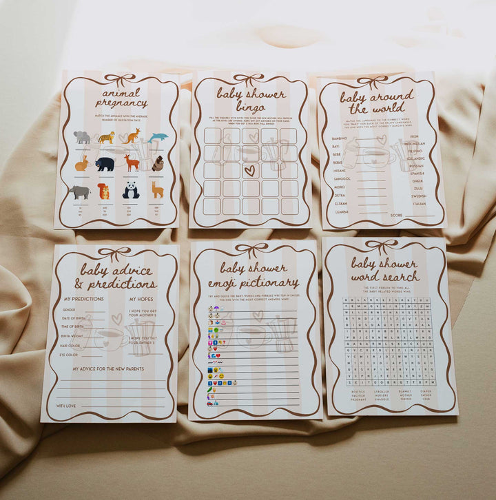 Editable baby shower game bundle featuring modern neutral design, ideal for girl or gender-neutral baby showers and party planners.