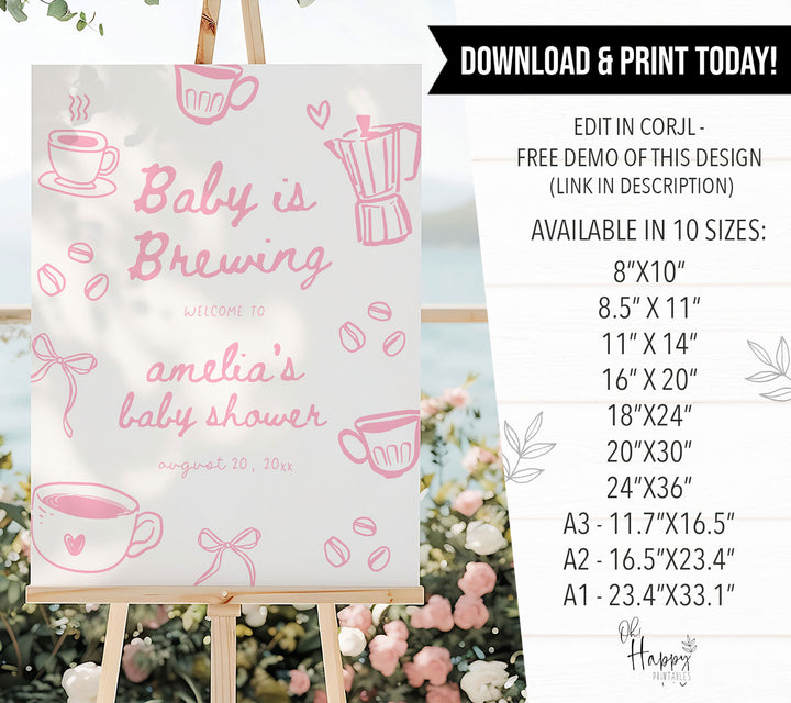 Pink Doodle A Baby Is Brewing Baby Shower Welcome Sign