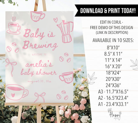 Pink Doodle A Baby Is Brewing Baby Shower Welcome Sign