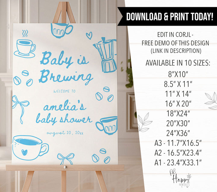 Blue Doodle A Baby Is Brewing Baby Shower Welcome Sign