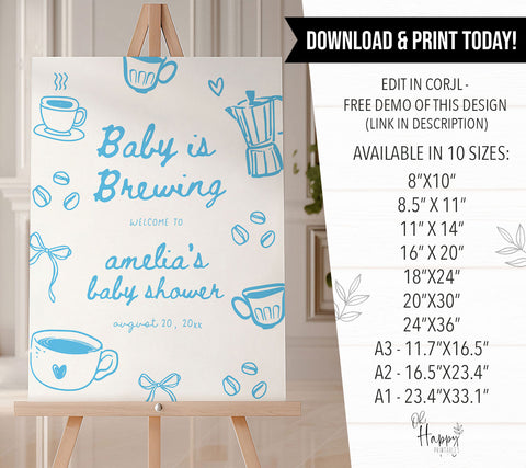 Blue Doodle A Baby Is Brewing Baby Shower Welcome Sign