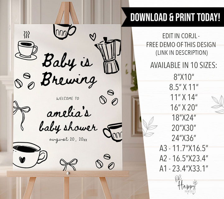 Black Doodle A Baby Is Brewing Baby Shower Welcome Sign