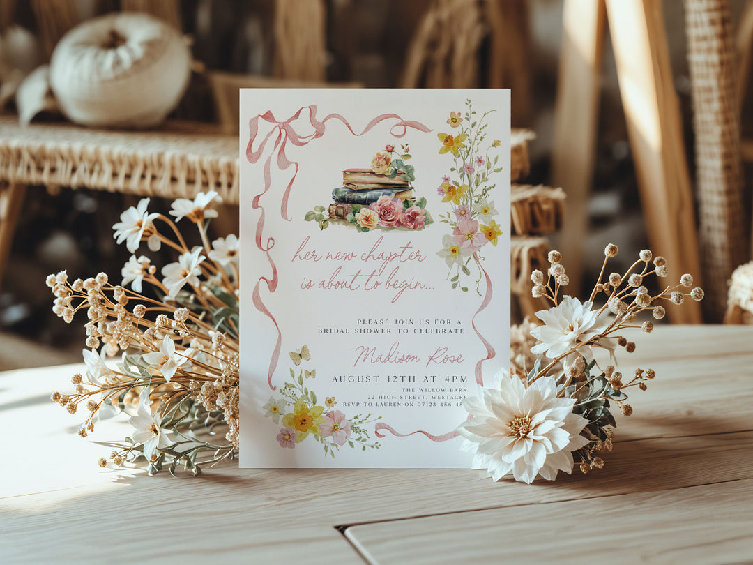 A New Chapter Begins Pink Bow Invitation