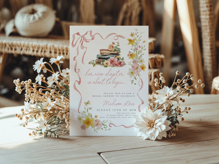 A New Chapter Begins Pink Bow Invitation