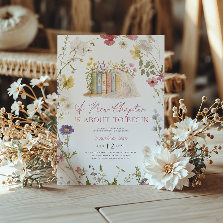 A New Chapter Begins Wildflower Wreath Bridal Shower Editable Invitation in Canva