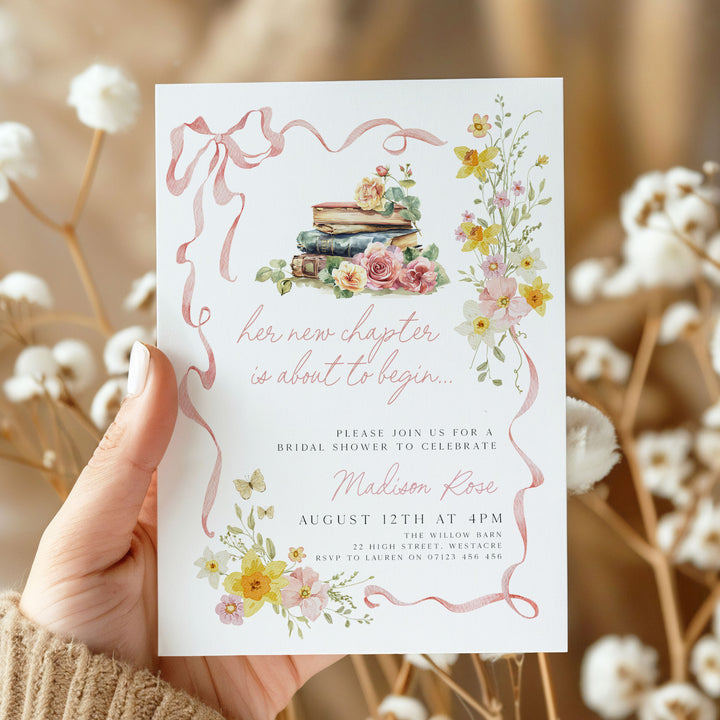 A New Chapter Begins Pink Bow Invitation