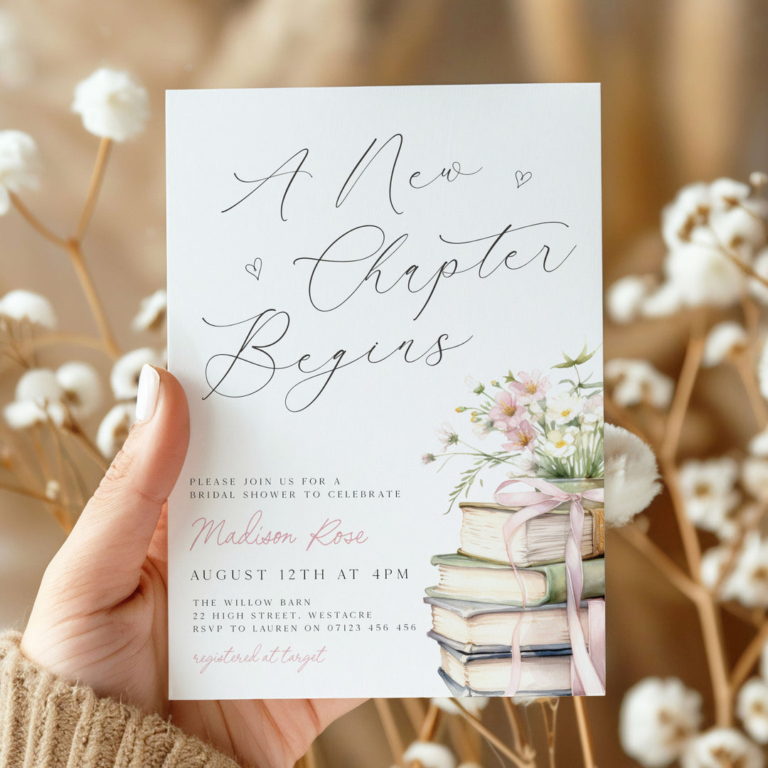 A New Chapter Begins Calligraphy Bridal Shower Invitation Edited in Canva