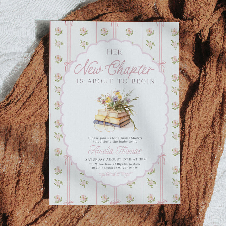 A New Chapter Begins Vintage Bridal Shower Editable Invitation In Canva