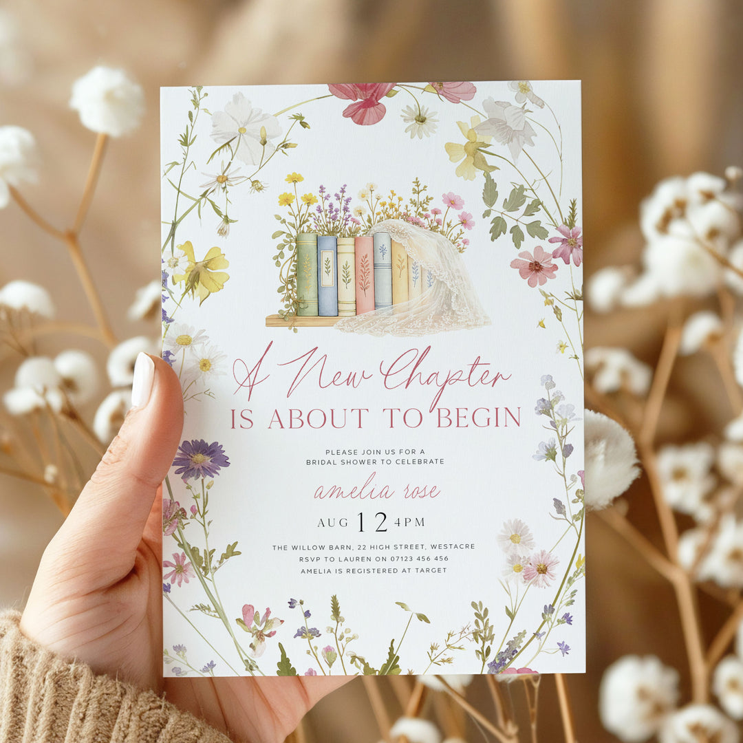 A New Chapter Begins Wildflower Wreath Bridal Shower Editable Invitation in Canva