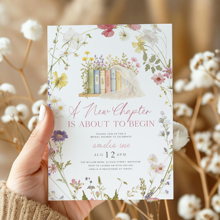 A New Chapter Begins Wildflower Wreath Bridal Shower Editable Invitation in Canva