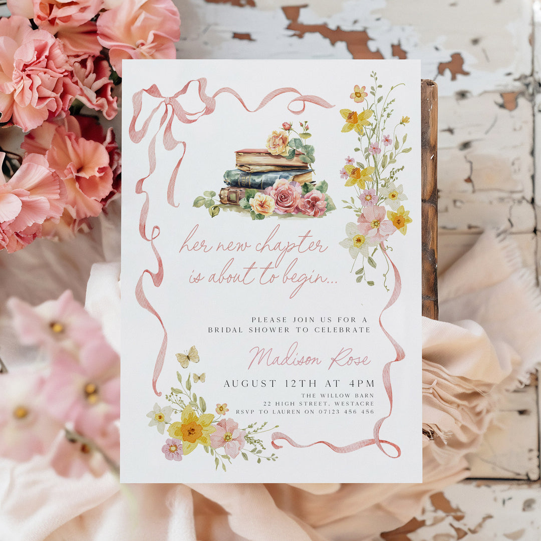 A New Chapter Begins Pink Bow Invitation