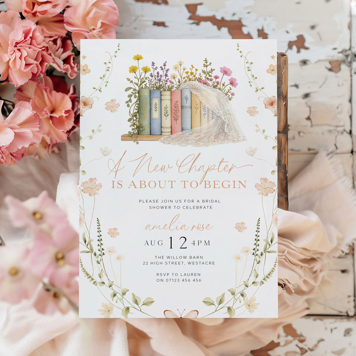 A New Chapter Bridal Shower Invite, Editable Wildflower Book Themed Bachelorette Party Invitation Canva Her Next Chapter Invitation BNC