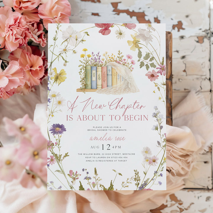 A New Chapter Begins Wildflower Wreath Bridal Shower Editable Invitation in Canva