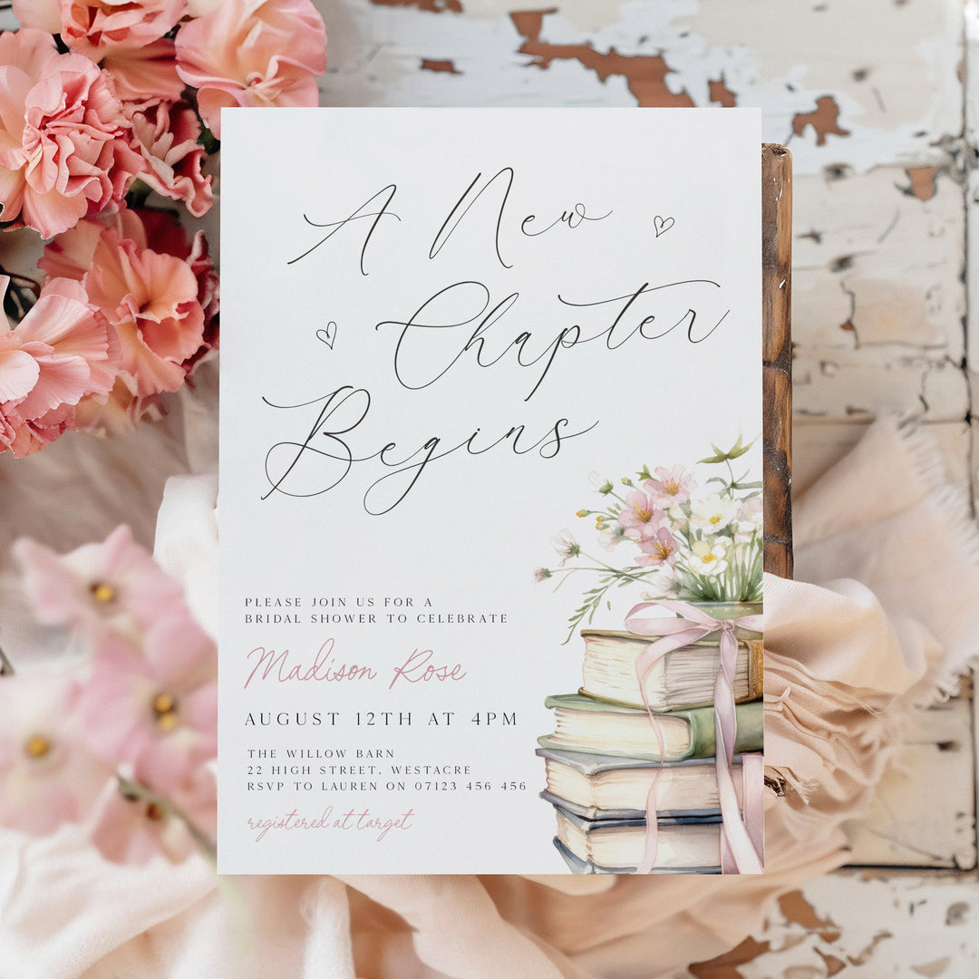 A New Chapter Begins Calligraphy Bridal Shower Invitation Edited in Canva