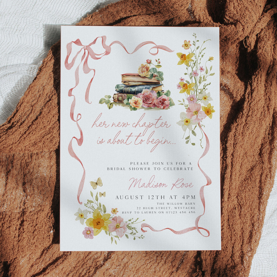 A New Chapter Begins Pink Bow Invitation