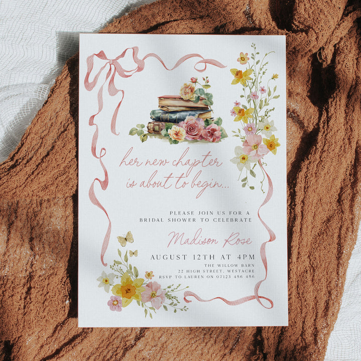 A New Chapter Begins Pink Bow Invitation