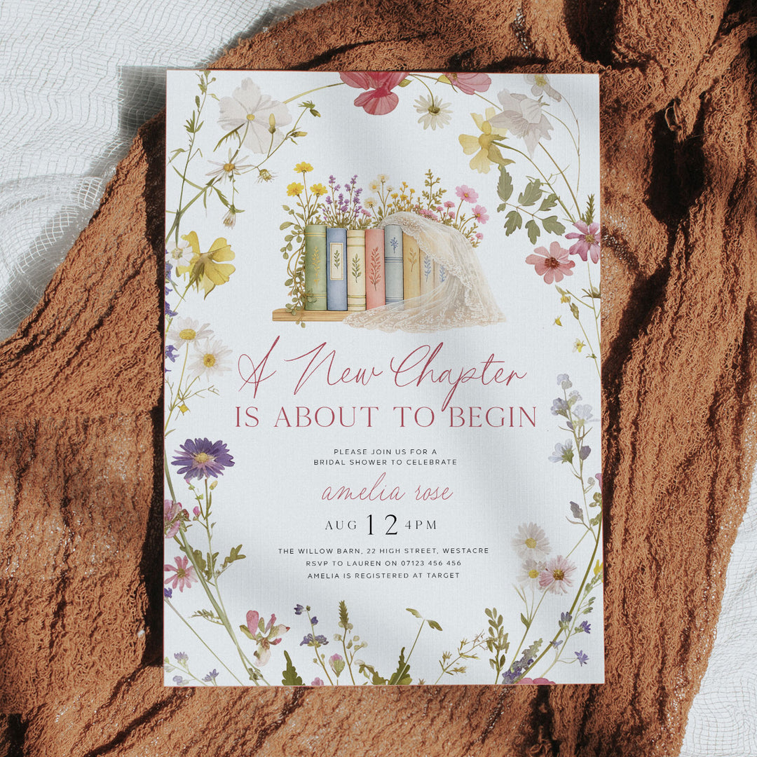 A New Chapter Begins Wildflower Wreath Bridal Shower Editable Invitation in Canva