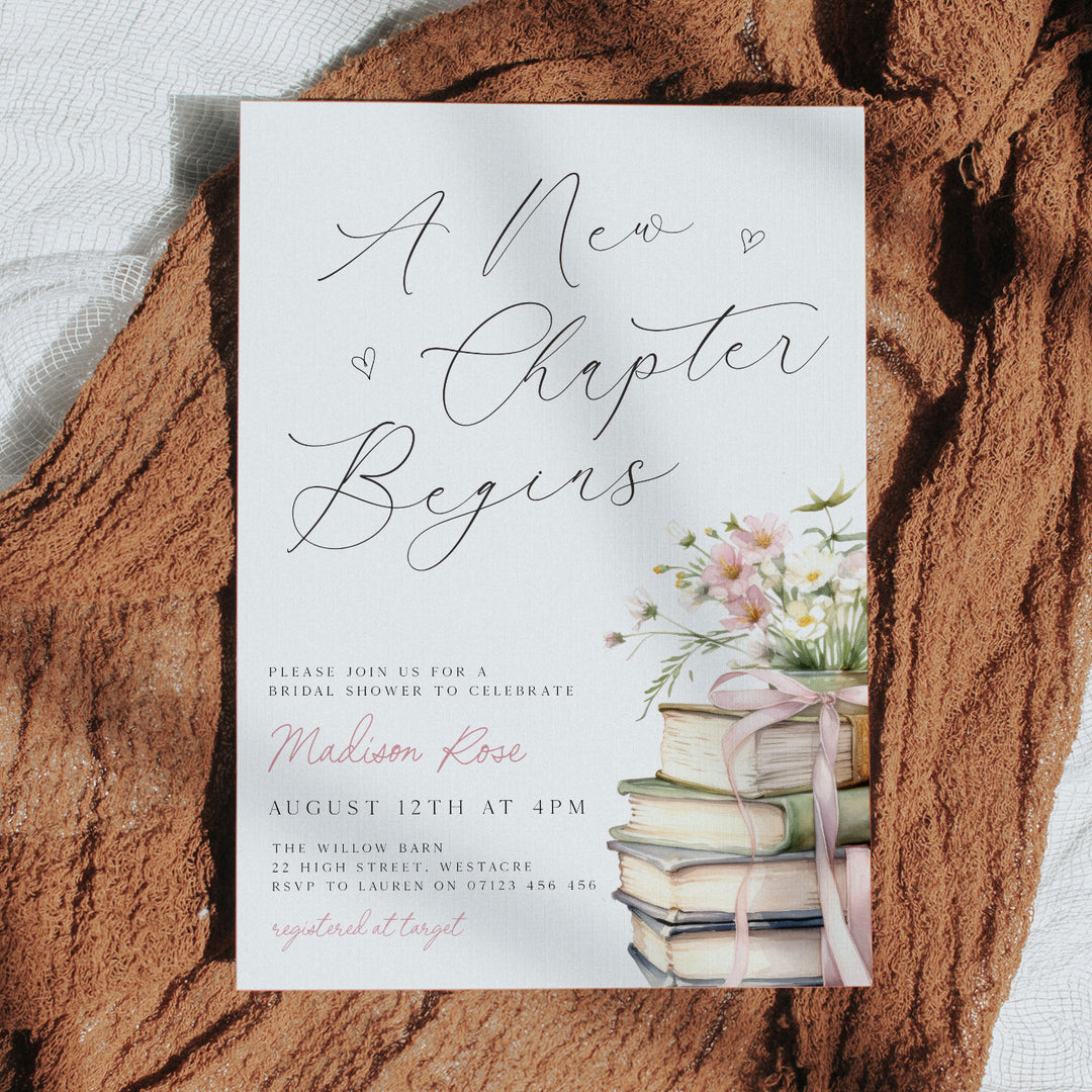A New Chapter Begins Calligraphy Bridal Shower Invitation Edited in Canva
