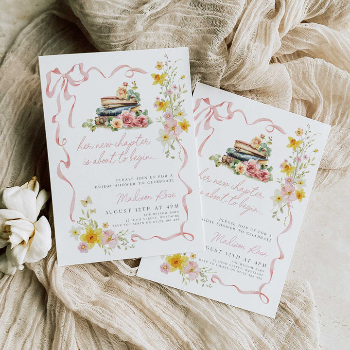 A New Chapter Begins Pink Bow Invitation