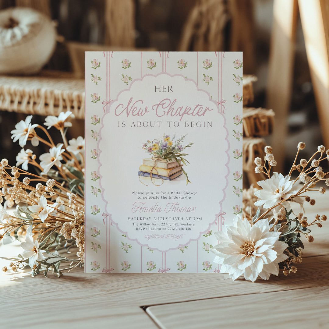 A New Chapter Begins Vintage Bridal Shower Editable Invitation In Canva