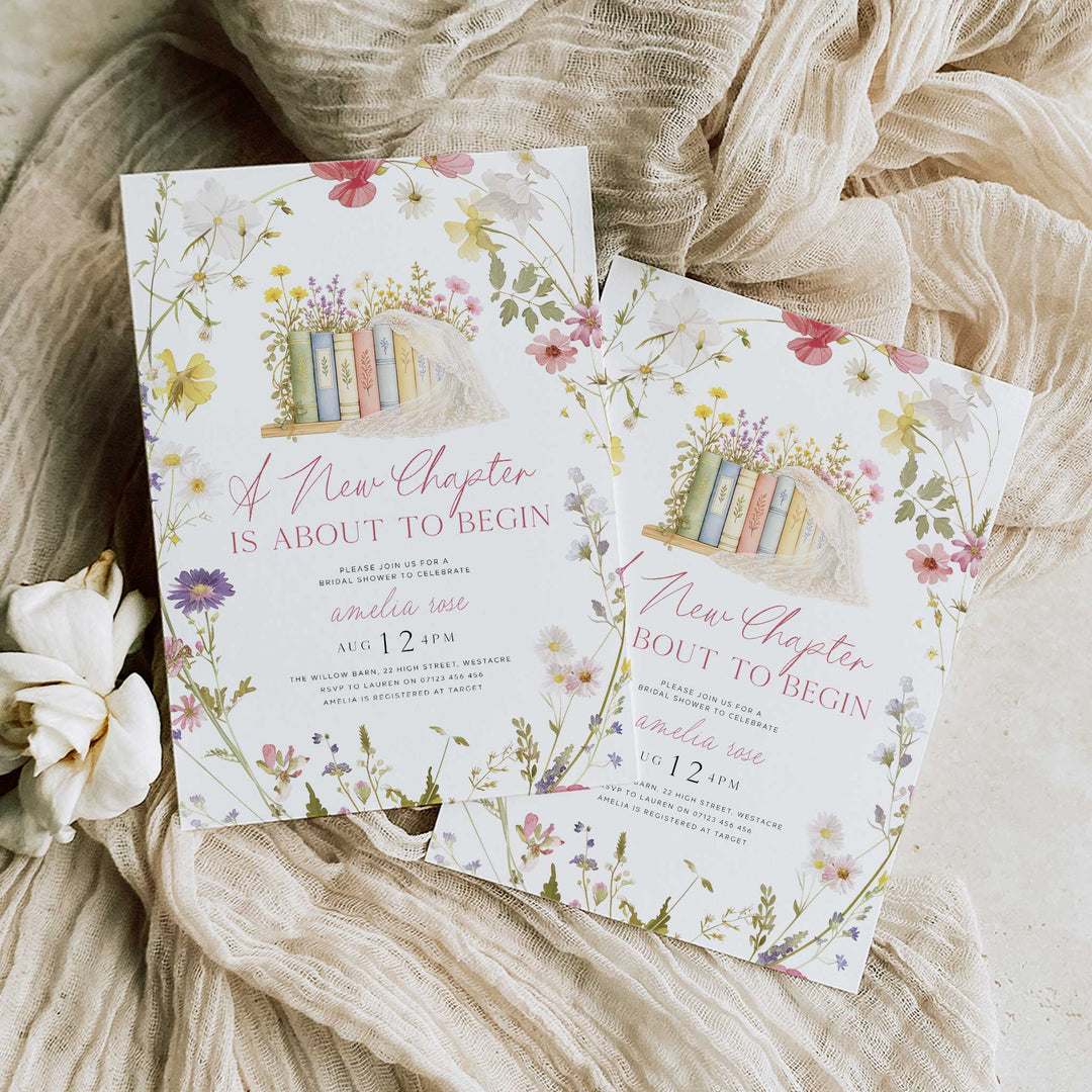 A New Chapter Begins Wildflower Wreath Bridal Shower Editable Invitation in Canva