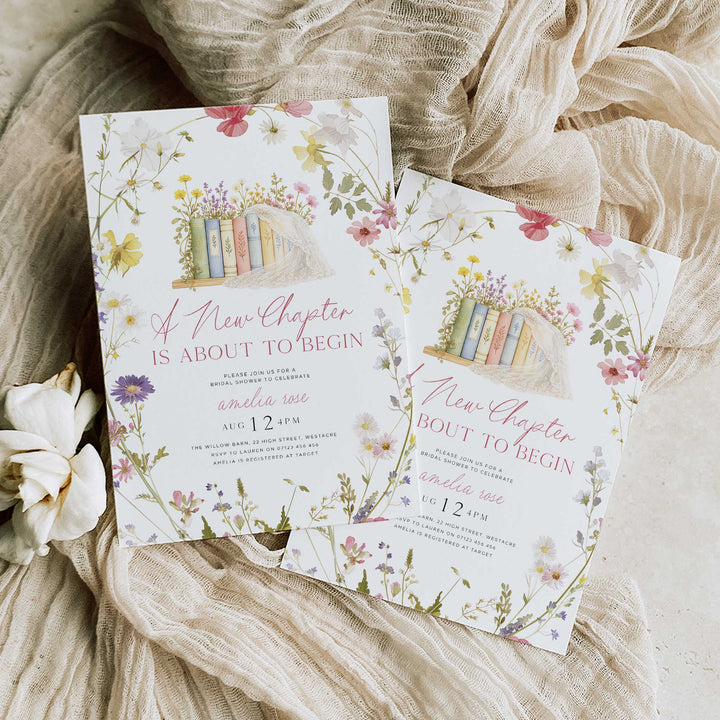A New Chapter Begins Wildflower Wreath Bridal Shower Editable Invitation in Canva
