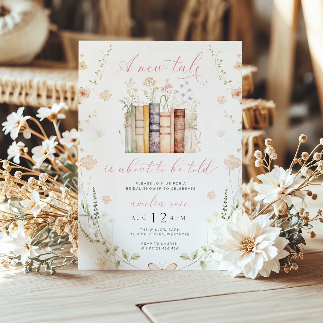 A New Chapter Begins Bridal Shower Invite, Editable Wildflower Book Themed Bachelorette Party Invite, Editable in Canva Her Next Chapter